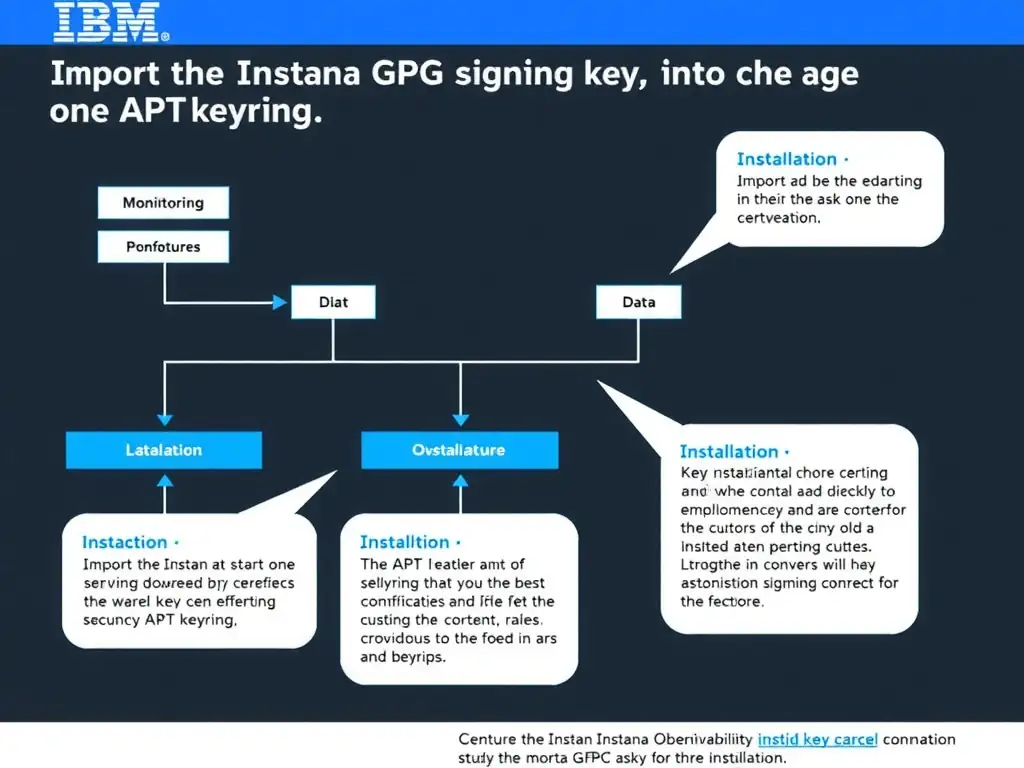 A clean, modern educational infographic illustrating IBM Instana Observability concepts related to: Import the Instana GPG signing key into the APT keyring. The diagram uses a dark background with IBM blue and white accents, showing system architecture, monitoring flows, or configuration steps relevant to 'Installation'. Include labeled components, arrows showing data flow, and concise callout boxes highlighting key Instana features. Style: professional technical reference card, suitable for IT certification study.