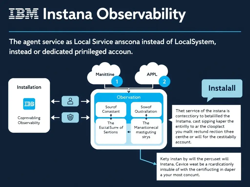 A clean, modern educational infographic illustrating IBM Instana Observability concepts related to: The agent service is running as LocalService instead of LocalSystem or a dedicated privileged accoun. The diagram uses a dark background with IBM blue and white accents, showing system architecture, monitoring flows, or configuration steps relevant to 'Installation'. Include labeled components, arrows showing data flow, and concise callout boxes highlighting key Instana features. Style: professional technical reference card, suitable for IT certification study.