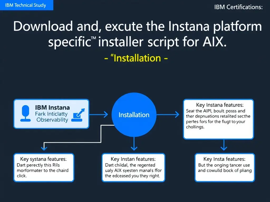 A clean, modern educational infographic illustrating IBM Instana Observability concepts related to: Download and execute the Instana platform-specific installer script for AIX. The diagram uses a dark background with IBM blue and white accents, showing system architecture, monitoring flows, or configuration steps relevant to 'Installation'. Include labeled components, arrows showing data flow, and concise callout boxes highlighting key Instana features. Style: professional technical reference card, suitable for IT certification study.
