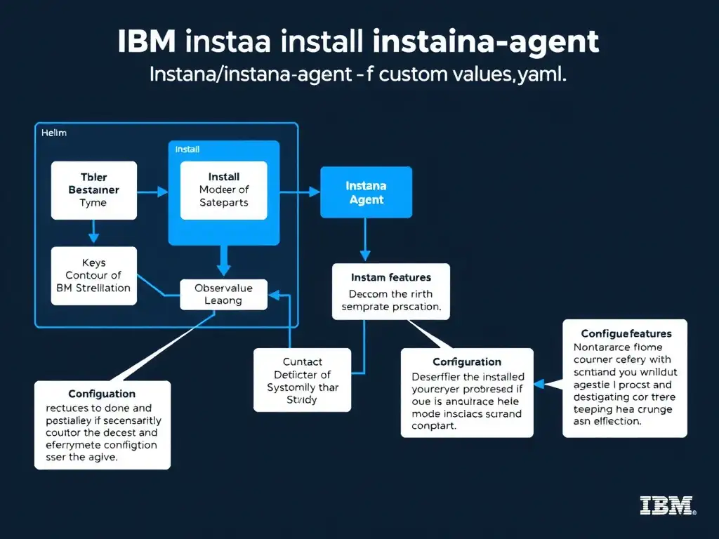 A clean, modern educational infographic illustrating IBM Instana Observability concepts related to: helm install instana-agent instana/instana-agent -f custom-values.yaml. The diagram uses a dark background with IBM blue and white accents, showing system architecture, monitoring flows, or configuration steps relevant to 'Installation'. Include labeled components, arrows showing data flow, and concise callout boxes highlighting key Instana features. Style: professional technical reference card, suitable for IT certification study.