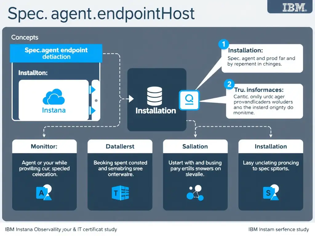 A clean, modern educational infographic illustrating IBM Instana Observability concepts related to: spec.agent.endpointHost. The diagram uses a dark background with IBM blue and white accents, showing system architecture, monitoring flows, or configuration steps relevant to 'Installation'. Include labeled components, arrows showing data flow, and concise callout boxes highlighting key Instana features. Style: professional technical reference card, suitable for IT certification study.