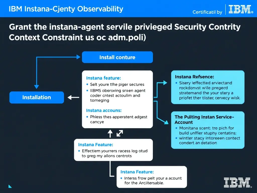 A clean, modern educational infographic illustrating IBM Instana Observability concepts related to: Grant the instana-agent service account the privileged Security Context Constraint using oc adm poli. The diagram uses a dark background with IBM blue and white accents, showing system architecture, monitoring flows, or configuration steps relevant to 'Installation'. Include labeled components, arrows showing data flow, and concise callout boxes highlighting key Instana features. Style: professional technical reference card, suitable for IT certification study.