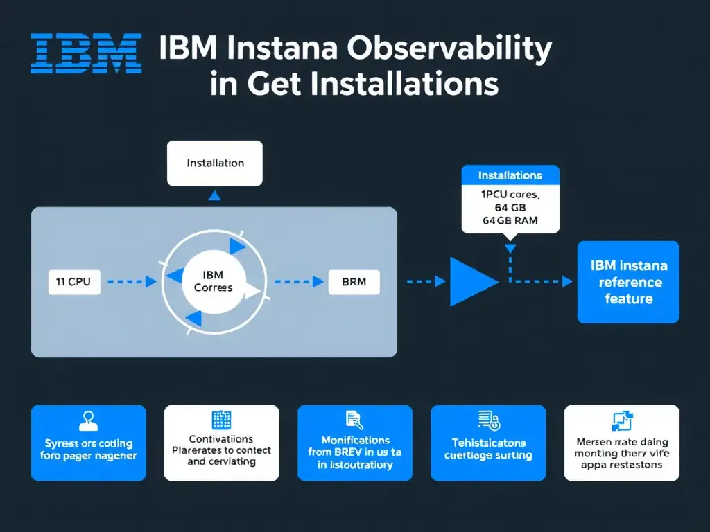 A clean, modern educational infographic illustrating IBM Instana Observability concepts related to: 16 CPU cores, 64 GB RAM, and 1 TB NVMe SSD storage. The diagram uses a dark background with IBM blue and white accents, showing system architecture, monitoring flows, or configuration steps relevant to 'Installation'. Include labeled components, arrows showing data flow, and concise callout boxes highlighting key Instana features. Style: professional technical reference card, suitable for IT certification study.