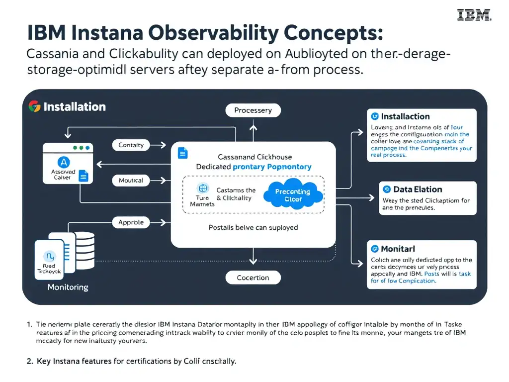 A clean, modern educational infographic illustrating IBM Instana Observability concepts related to: Cassandra and Clickhouse can be deployed on dedicated storage-optimized servers separate from proces. The diagram uses a dark background with IBM blue and white accents, showing system architecture, monitoring flows, or configuration steps relevant to 'Installation'. Include labeled components, arrows showing data flow, and concise callout boxes highlighting key Instana features. Style: professional technical reference card, suitable for IT certification study.