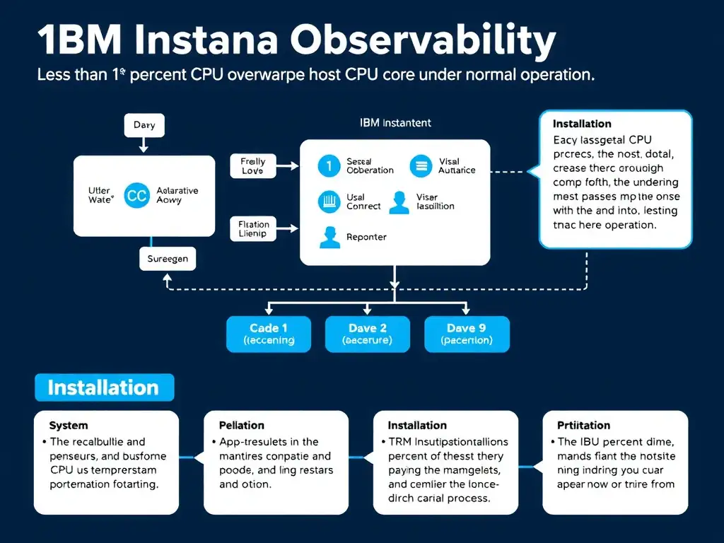 A clean, modern educational infographic illustrating IBM Instana Observability concepts related to: Less than 1 percent CPU overhead per host CPU core under normal operation. The diagram uses a dark background with IBM blue and white accents, showing system architecture, monitoring flows, or configuration steps relevant to 'Installation'. Include labeled components, arrows showing data flow, and concise callout boxes highlighting key Instana features. Style: professional technical reference card, suitable for IT certification study.