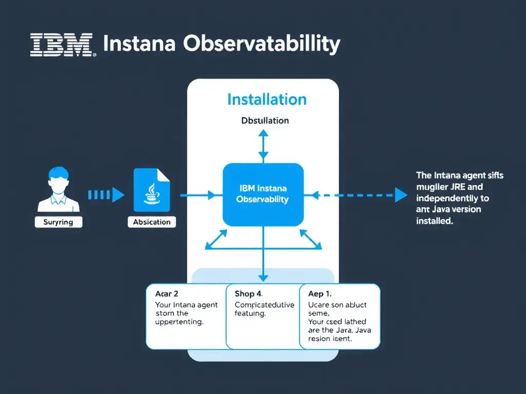 A clean, modern educational infographic illustrating IBM Instana Observability concepts related to: The Instana agent ships with a bundled JRE and operates independently of any Java version installed . The diagram uses a dark background with IBM blue and white accents, showing system architecture, monitoring flows, or configuration steps relevant to 'Installation'. Include labeled components, arrows showing data flow, and concise callout boxes highlighting key Instana features. Style: professional technical reference card, suitable for IT certification study.