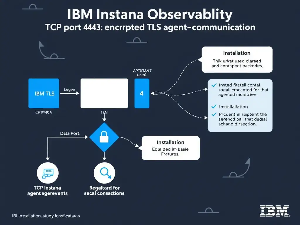 A clean, modern educational infographic illustrating IBM Instana Observability concepts related to: TCP port 443 used for encrypted TLS agent-to-backend communication. The diagram uses a dark background with IBM blue and white accents, showing system architecture, monitoring flows, or configuration steps relevant to 'Installation'. Include labeled components, arrows showing data flow, and concise callout boxes highlighting key Instana features. Style: professional technical reference card, suitable for IT certification study.