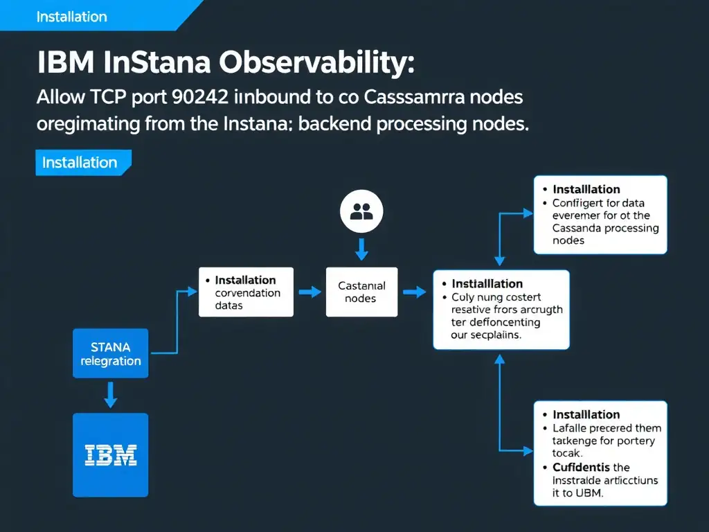 A clean, modern educational infographic illustrating IBM Instana Observability concepts related to: Allow TCP port 9042 inbound to Cassandra nodes originating from the Instana backend processing nodes. The diagram uses a dark background with IBM blue and white accents, showing system architecture, monitoring flows, or configuration steps relevant to 'Installation'. Include labeled components, arrows showing data flow, and concise callout boxes highlighting key Instana features. Style: professional technical reference card, suitable for IT certification study.