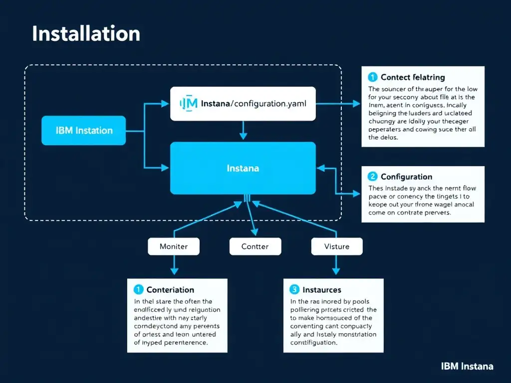 A clean, modern educational infographic illustrating IBM Instana Observability concepts related to: In the Instana agent configuration file located at /opt/instana/agent/etc/instana/configuration.yaml. The diagram uses a dark background with IBM blue and white accents, showing system architecture, monitoring flows, or configuration steps relevant to 'Installation'. Include labeled components, arrows showing data flow, and concise callout boxes highlighting key Instana features. Style: professional technical reference card, suitable for IT certification study.