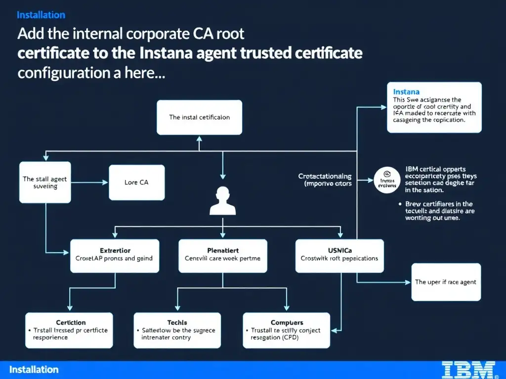 A clean, modern educational infographic illustrating IBM Instana Observability concepts related to: Add the internal corporate CA root certificate to the Instana agent trusted certificate configuratio. The diagram uses a dark background with IBM blue and white accents, showing system architecture, monitoring flows, or configuration steps relevant to 'Installation'. Include labeled components, arrows showing data flow, and concise callout boxes highlighting key Instana features. Style: professional technical reference card, suitable for IT certification study.