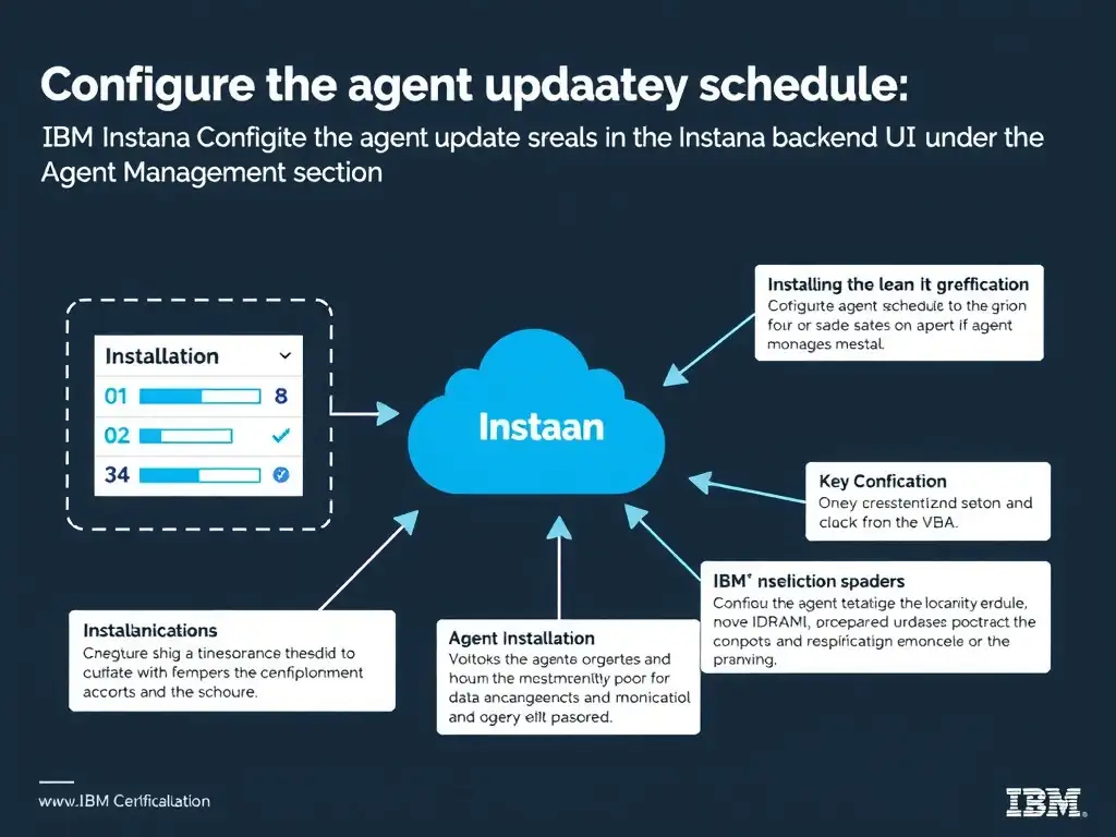 A clean, modern educational infographic illustrating IBM Instana Observability concepts related to: Configure the agent update schedule in the Instana backend UI under the Agent Management section. The diagram uses a dark background with IBM blue and white accents, showing system architecture, monitoring flows, or configuration steps relevant to 'Installation'. Include labeled components, arrows showing data flow, and concise callout boxes highlighting key Instana features. Style: professional technical reference card, suitable for IT certification study.