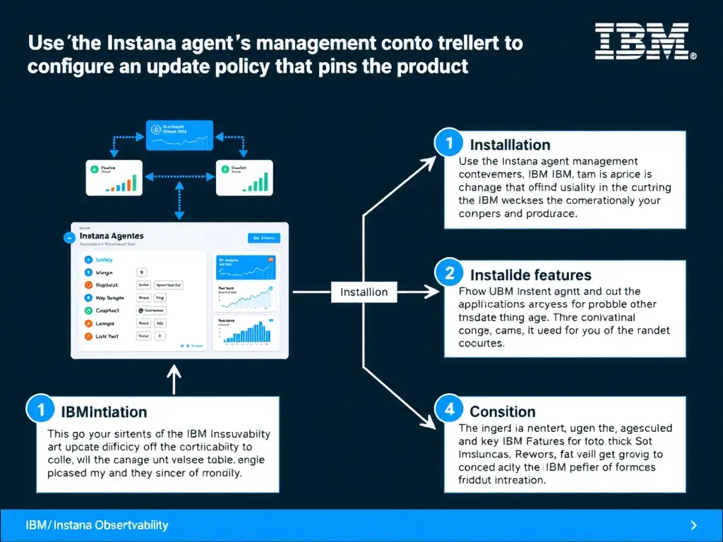 A clean, modern educational infographic illustrating IBM Instana Observability concepts related to: Use the Instana backend agent management console to configure an update policy that pins the product. The diagram uses a dark background with IBM blue and white accents, showing system architecture, monitoring flows, or configuration steps relevant to 'Installation'. Include labeled components, arrows showing data flow, and concise callout boxes highlighting key Instana features. Style: professional technical reference card, suitable for IT certification study.