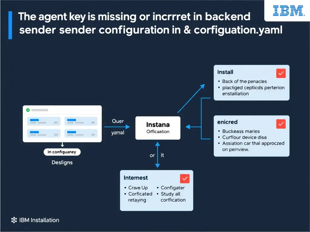 A clean, modern educational infographic illustrating IBM Instana Observability concepts related to: The agent key is missing or incorrect in the backend sender configuration in configuration.yaml. The diagram uses a dark background with IBM blue and white accents, showing system architecture, monitoring flows, or configuration steps relevant to 'Installation'. Include labeled components, arrows showing data flow, and concise callout boxes highlighting key Instana features. Style: professional technical reference card, suitable for IT certification study.