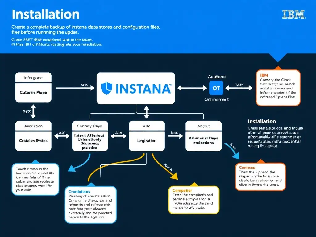 A clean, modern educational infographic illustrating IBM Instana Observability concepts related to: Create a complete backup of all Instana data stores and configuration files before running the updat. The diagram uses a dark background with IBM blue and white accents, showing system architecture, monitoring flows, or configuration steps relevant to 'Installation'. Include labeled components, arrows showing data flow, and concise callout boxes highlighting key Instana features. Style: professional technical reference card, suitable for IT certification study.