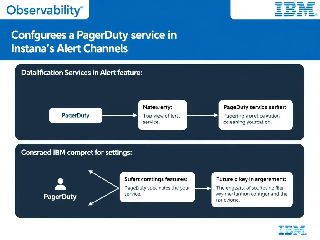 A clean, modern educational infographic illustrating IBM Instana Observability concepts related to: Configure a PagerDuty service integration key in Instana's Alert Channels settings. The diagram uses a dark background with IBM blue and white accents, showing system architecture, monitoring flows, or configuration steps relevant to 'Integration'. Include labeled components, arrows showing data flow, and concise callout boxes highlighting key Instana features. Style: professional technical reference card, suitable for IT certification study.