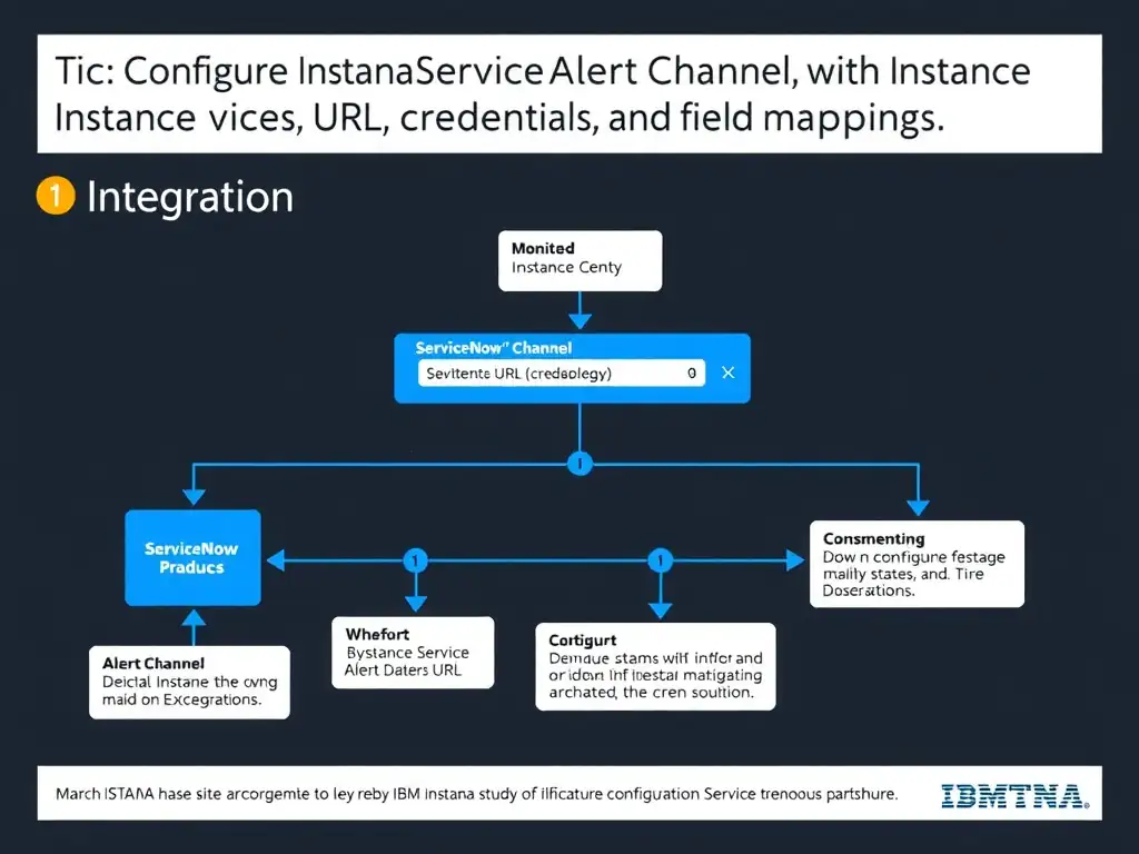 A clean, modern educational infographic illustrating IBM Instana Observability concepts related to: Configure Instana's ServiceNow Alert Channel with the instance URL, credentials, and field mappings . The diagram uses a dark background with IBM blue and white accents, showing system architecture, monitoring flows, or configuration steps relevant to 'Integration'. Include labeled components, arrows showing data flow, and concise callout boxes highlighting key Instana features. Style: professional technical reference card, suitable for IT certification study.