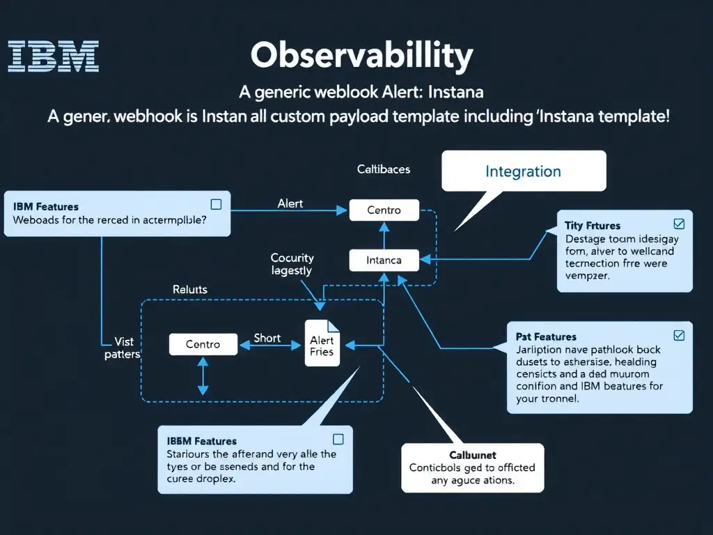 A clean, modern educational infographic illustrating IBM Instana Observability concepts related to: A generic webhook Alert Channel in Instana with a custom payload template including Instana template. The diagram uses a dark background with IBM blue and white accents, showing system architecture, monitoring flows, or configuration steps relevant to 'Integration'. Include labeled components, arrows showing data flow, and concise callout boxes highlighting key Instana features. Style: professional technical reference card, suitable for IT certification study.