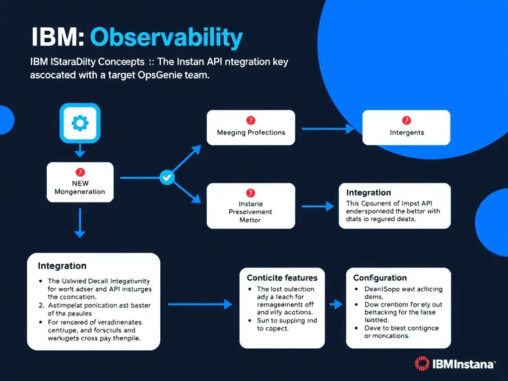 A clean, modern educational infographic illustrating IBM Instana Observability concepts related to: The OpsGenie API integration key associated with the target OpsGenie team. The diagram uses a dark background with IBM blue and white accents, showing system architecture, monitoring flows, or configuration steps relevant to 'Integration'. Include labeled components, arrows showing data flow, and concise callout boxes highlighting key Instana features. Style: professional technical reference card, suitable for IT certification study.