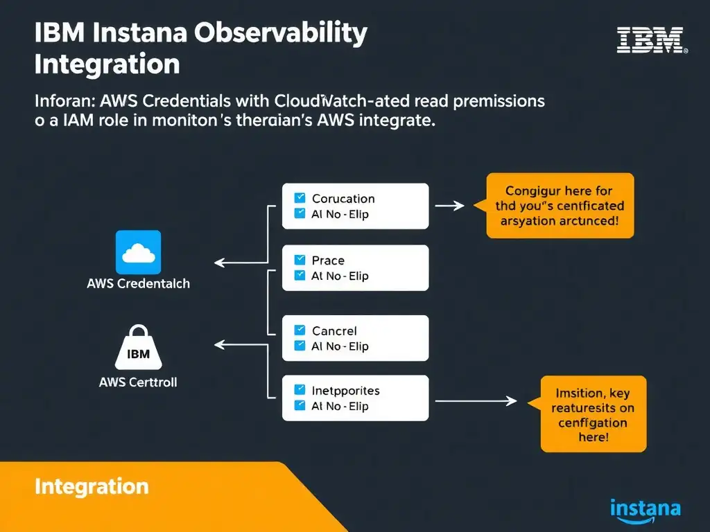 A clean, modern educational infographic illustrating IBM Instana Observability concepts related to: Configure AWS credentials with CloudWatch read permissions or an IAM role in Instana's AWS integrati. The diagram uses a dark background with IBM blue and white accents, showing system architecture, monitoring flows, or configuration steps relevant to 'Integration'. Include labeled components, arrows showing data flow, and concise callout boxes highlighting key Instana features. Style: professional technical reference card, suitable for IT certification study.