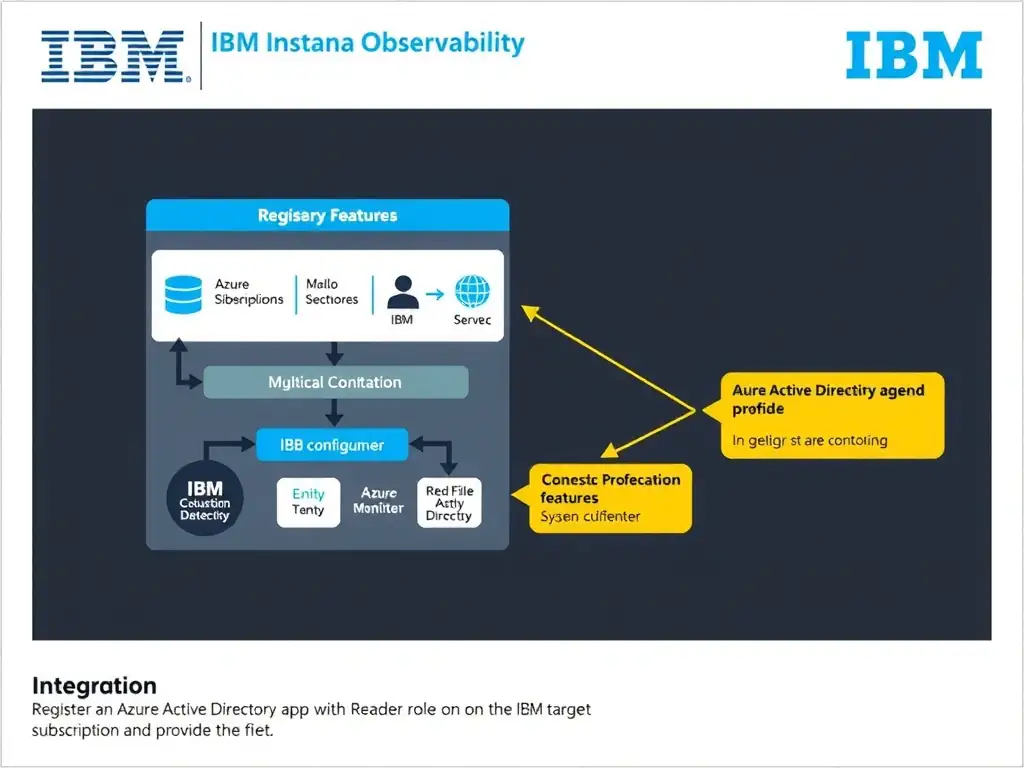 A clean, modern educational infographic illustrating IBM Instana Observability concepts related to: Register an Azure Active Directory app with Reader role on the target subscription and provide the t. The diagram uses a dark background with IBM blue and white accents, showing system architecture, monitoring flows, or configuration steps relevant to 'Integration'. Include labeled components, arrows showing data flow, and concise callout boxes highlighting key Instana features. Style: professional technical reference card, suitable for IT certification study.