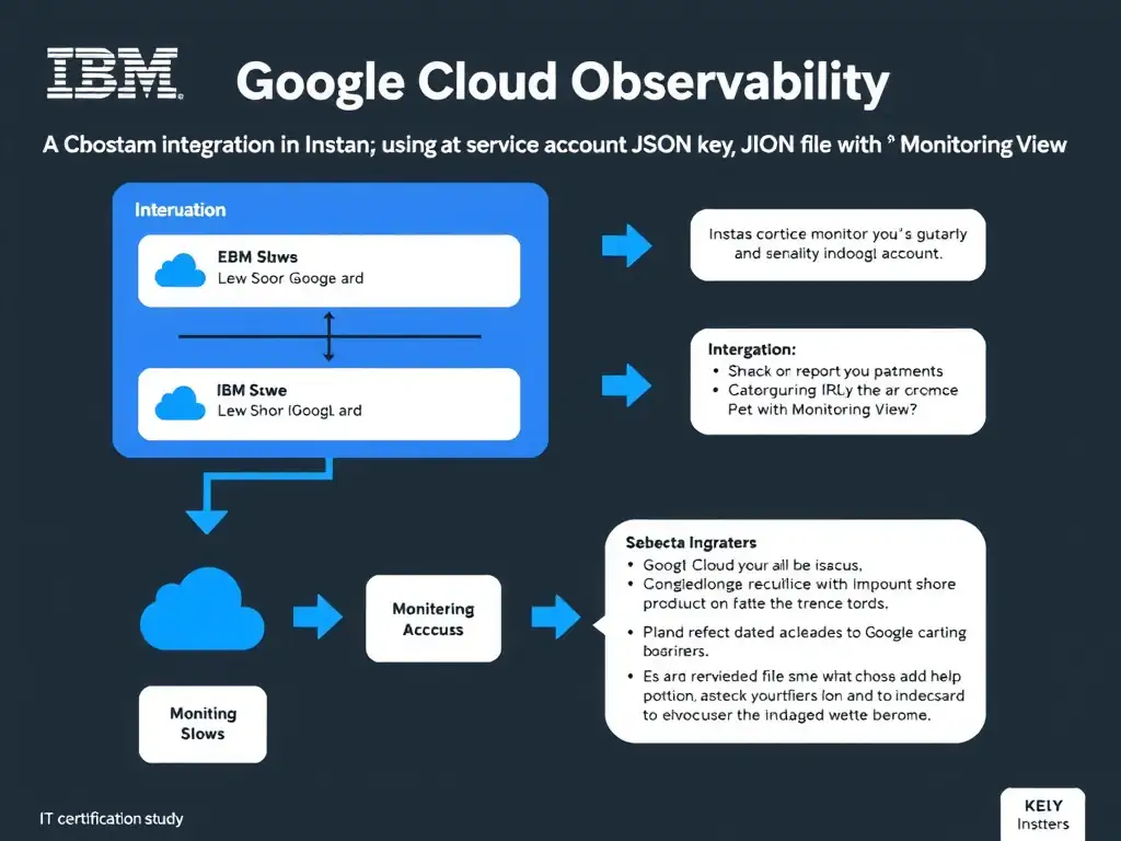 A clean, modern educational infographic illustrating IBM Instana Observability concepts related to: A Google Cloud integration in Instana using a service account JSON key file with the Monitoring View. The diagram uses a dark background with IBM blue and white accents, showing system architecture, monitoring flows, or configuration steps relevant to 'Integration'. Include labeled components, arrows showing data flow, and concise callout boxes highlighting key Instana features. Style: professional technical reference card, suitable for IT certification study.