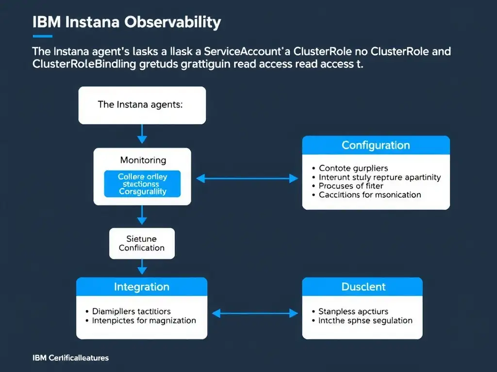 A clean, modern educational infographic illustrating IBM Instana Observability concepts related to: The Instana agent's ServiceAccount lacks a ClusterRole and ClusterRoleBinding granting read access t. The diagram uses a dark background with IBM blue and white accents, showing system architecture, monitoring flows, or configuration steps relevant to 'Integration'. Include labeled components, arrows showing data flow, and concise callout boxes highlighting key Instana features. Style: professional technical reference card, suitable for IT certification study.