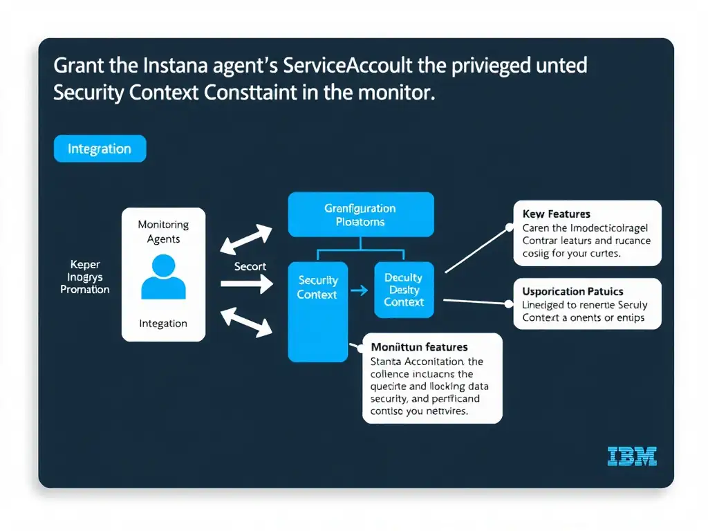 A clean, modern educational infographic illustrating IBM Instana Observability concepts related to: Grant the Instana agent's ServiceAccount the privileged Security Context Constraint in the monitorin. The diagram uses a dark background with IBM blue and white accents, showing system architecture, monitoring flows, or configuration steps relevant to 'Integration'. Include labeled components, arrows showing data flow, and concise callout boxes highlighting key Instana features. Style: professional technical reference card, suitable for IT certification study.