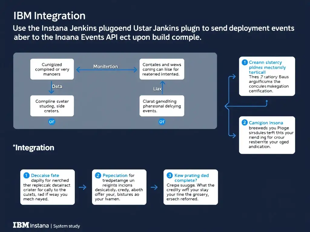 A clean, modern educational infographic illustrating IBM Instana Observability concepts related to: Use the Instana Jenkins plugin to send deployment events to the Instana Events API upon build comple. The diagram uses a dark background with IBM blue and white accents, showing system architecture, monitoring flows, or configuration steps relevant to 'Integration'. Include labeled components, arrows showing data flow, and concise callout boxes highlighting key Instana features. Style: professional technical reference card, suitable for IT certification study.