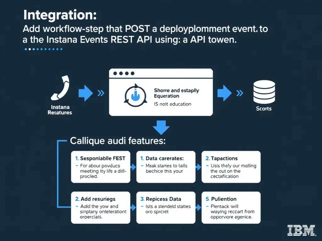 A clean, modern educational infographic illustrating IBM Instana Observability concepts related to: Add a workflow step that POSTs a deployment event to the Instana Events REST API using an API token . The diagram uses a dark background with IBM blue and white accents, showing system architecture, monitoring flows, or configuration steps relevant to 'Integration'. Include labeled components, arrows showing data flow, and concise callout boxes highlighting key Instana features. Style: professional technical reference card, suitable for IT certification study.