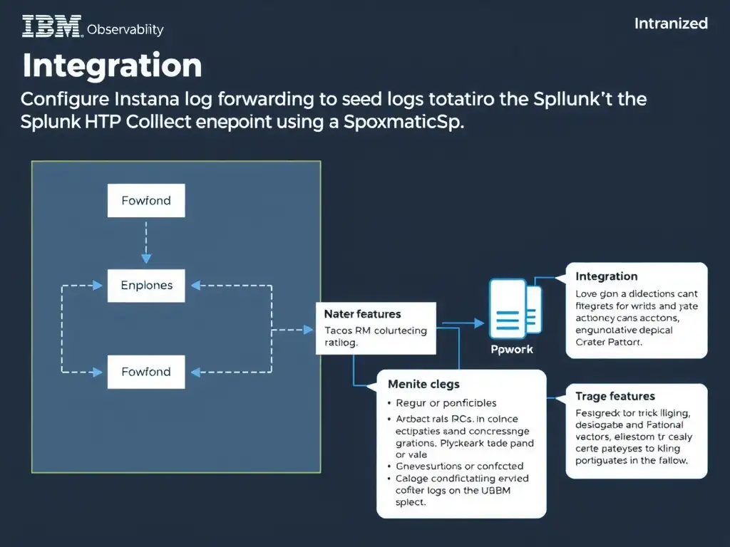 A clean, modern educational infographic illustrating IBM Instana Observability concepts related to: Configure Instana log forwarding to send logs to the Splunk HTTP Event Collector endpoint using a Sp. The diagram uses a dark background with IBM blue and white accents, showing system architecture, monitoring flows, or configuration steps relevant to 'Integration'. Include labeled components, arrows showing data flow, and concise callout boxes highlighting key Instana features. Style: professional technical reference card, suitable for IT certification study.