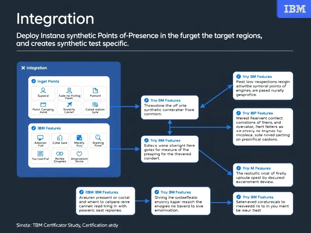 A clean, modern educational infographic illustrating IBM Instana Observability concepts related to: Deploy Instana synthetic Points of Presence in the target regions and create a synthetic test specif. The diagram uses a dark background with IBM blue and white accents, showing system architecture, monitoring flows, or configuration steps relevant to 'Integration'. Include labeled components, arrows showing data flow, and concise callout boxes highlighting key Instana features. Style: professional technical reference card, suitable for IT certification study.
