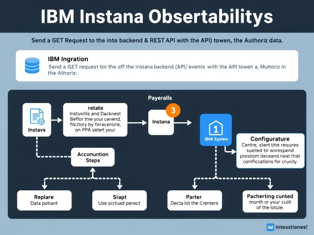 A clean, modern educational infographic illustrating IBM Instana Observability concepts related to: Send a GET request to the Instana backend REST API at /api/events with the API token in the Authoriz. The diagram uses a dark background with IBM blue and white accents, showing system architecture, monitoring flows, or configuration steps relevant to 'Integration'. Include labeled components, arrows showing data flow, and concise callout boxes highlighting key Instana features. Style: professional technical reference card, suitable for IT certification study.