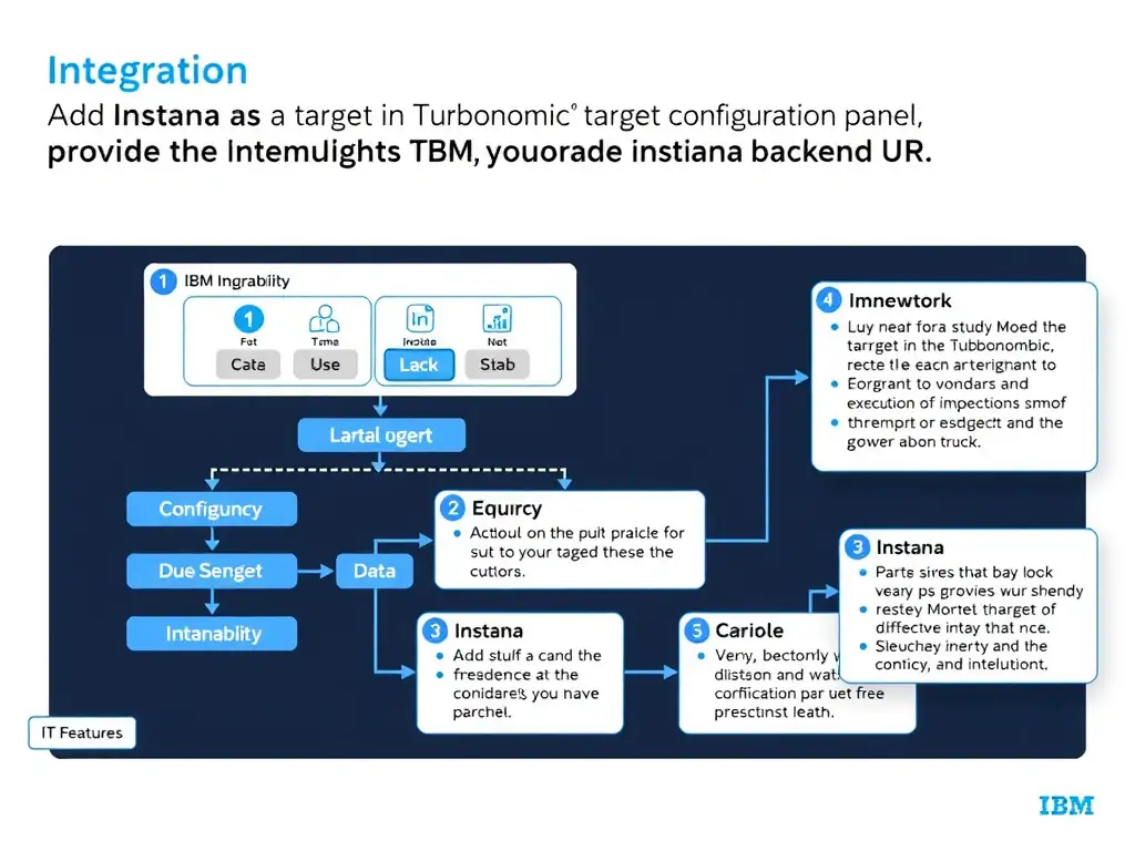 A clean, modern educational infographic illustrating IBM Instana Observability concepts related to: Add Instana as a target in Turbonomic's target configuration panel, providing the Instana backend UR. The diagram uses a dark background with IBM blue and white accents, showing system architecture, monitoring flows, or configuration steps relevant to 'Integration'. Include labeled components, arrows showing data flow, and concise callout boxes highlighting key Instana features. Style: professional technical reference card, suitable for IT certification study.