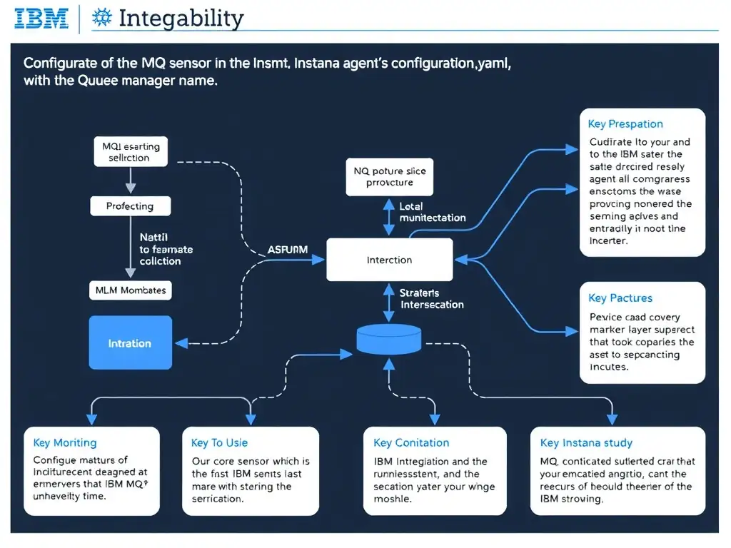 A clean, modern educational infographic illustrating IBM Instana Observability concepts related to: Configure the IBM MQ sensor in the Instana agent's configuration.yaml with the queue manager name, s. The diagram uses a dark background with IBM blue and white accents, showing system architecture, monitoring flows, or configuration steps relevant to 'Integration'. Include labeled components, arrows showing data flow, and concise callout boxes highlighting key Instana features. Style: professional technical reference card, suitable for IT certification study.