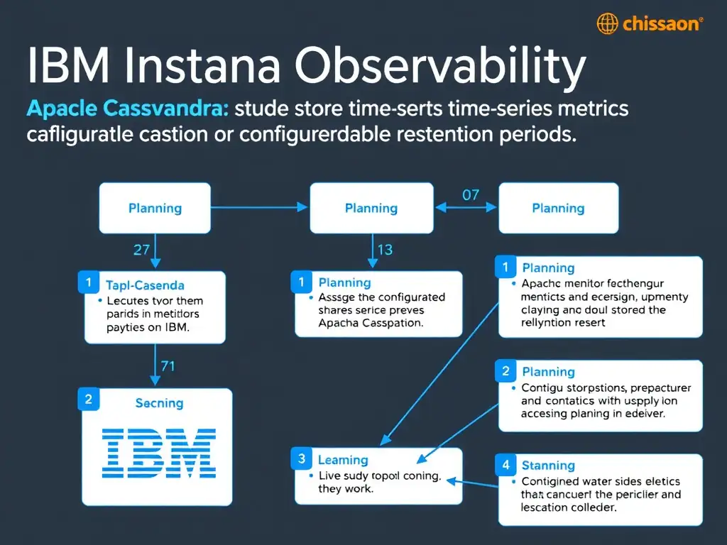 A clean, modern educational infographic illustrating IBM Instana Observability concepts related to: Apache Cassandra, which stores time-series metrics data with configurable retention periods. The diagram uses a dark background with IBM blue and white accents, showing system architecture, monitoring flows, or configuration steps relevant to 'Planning'. Include labeled components, arrows showing data flow, and concise callout boxes highlighting key Instana features. Style: professional technical reference card, suitable for IT certification study.