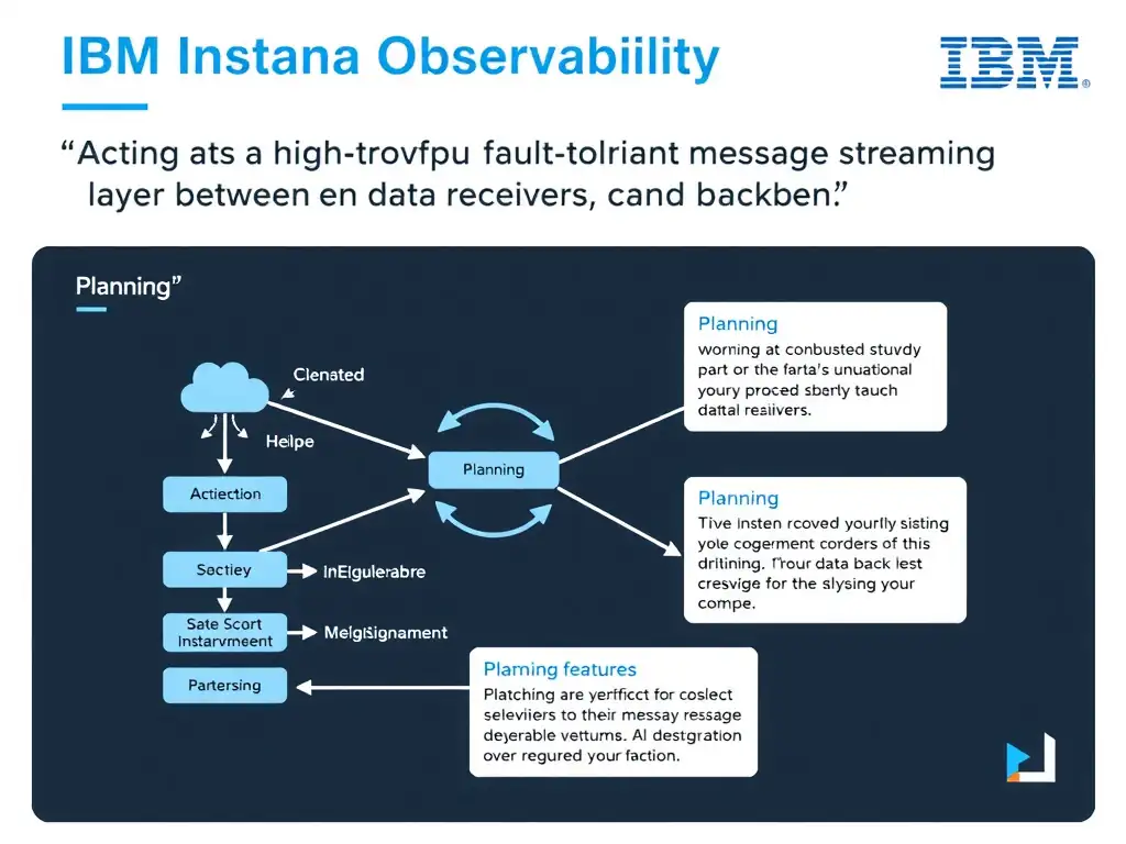 A clean, modern educational infographic illustrating IBM Instana Observability concepts related to: Acting as a high-throughput fault-tolerant message streaming layer between data receivers and backen. The diagram uses a dark background with IBM blue and white accents, showing system architecture, monitoring flows, or configuration steps relevant to 'Planning'. Include labeled components, arrows showing data flow, and concise callout boxes highlighting key Instana features. Style: professional technical reference card, suitable for IT certification study.
