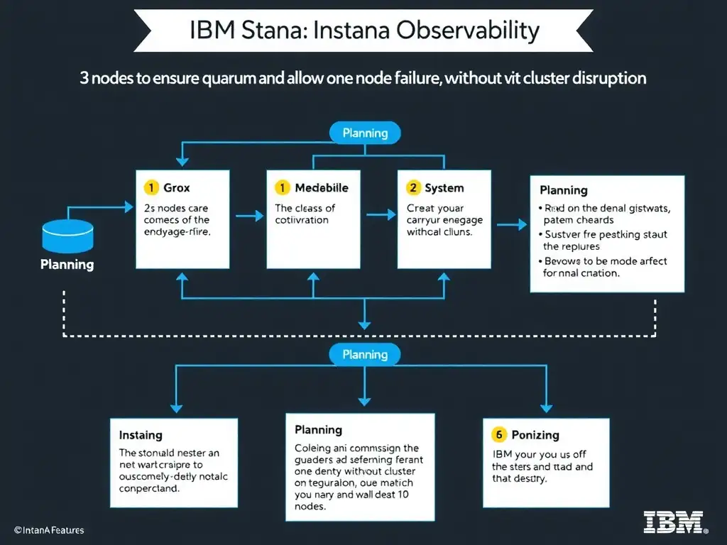 A clean, modern educational infographic illustrating IBM Instana Observability concepts related to: 3 nodes to ensure quorum and allow one node failure without cluster disruption. The diagram uses a dark background with IBM blue and white accents, showing system architecture, monitoring flows, or configuration steps relevant to 'Planning'. Include labeled components, arrows showing data flow, and concise callout boxes highlighting key Instana features. Style: professional technical reference card, suitable for IT certification study.
