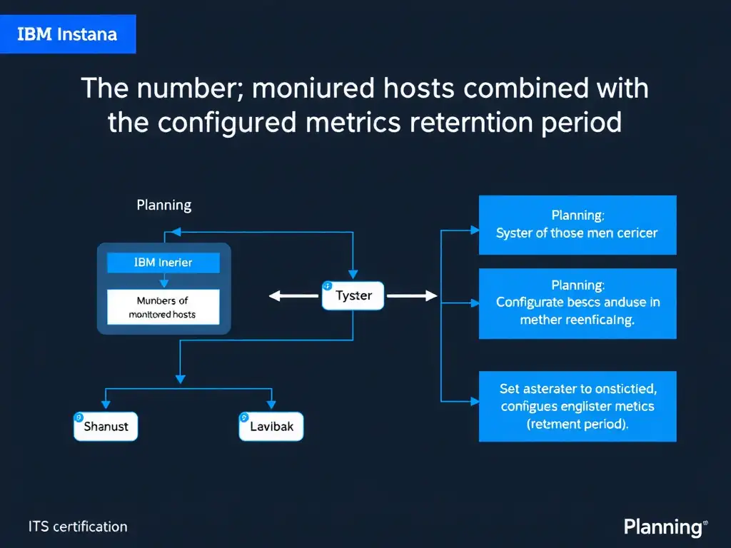 A clean, modern educational infographic illustrating IBM Instana Observability concepts related to: The number of monitored hosts combined with the configured metrics retention period. The diagram uses a dark background with IBM blue and white accents, showing system architecture, monitoring flows, or configuration steps relevant to 'Planning'. Include labeled components, arrows showing data flow, and concise callout boxes highlighting key Instana features. Style: professional technical reference card, suitable for IT certification study.