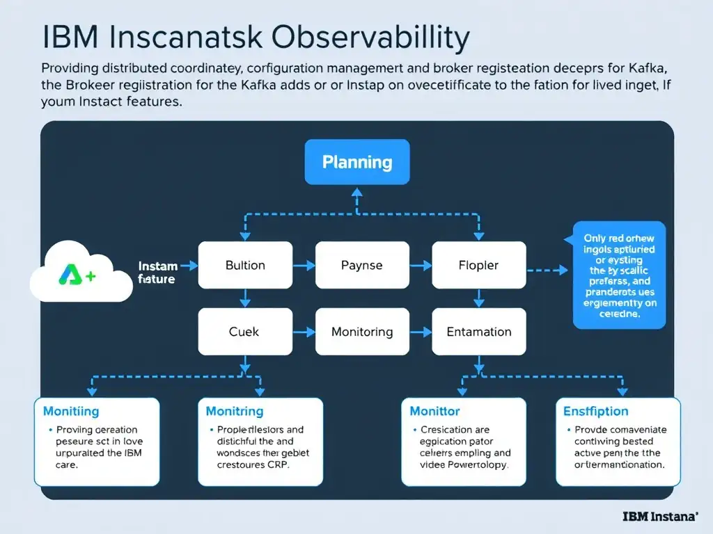 A clean, modern educational infographic illustrating IBM Instana Observability concepts related to: Providing distributed coordination, configuration management, and broker registration for the Kafka . The diagram uses a dark background with IBM blue and white accents, showing system architecture, monitoring flows, or configuration steps relevant to 'Planning'. Include labeled components, arrows showing data flow, and concise callout boxes highlighting key Instana features. Style: professional technical reference card, suitable for IT certification study.