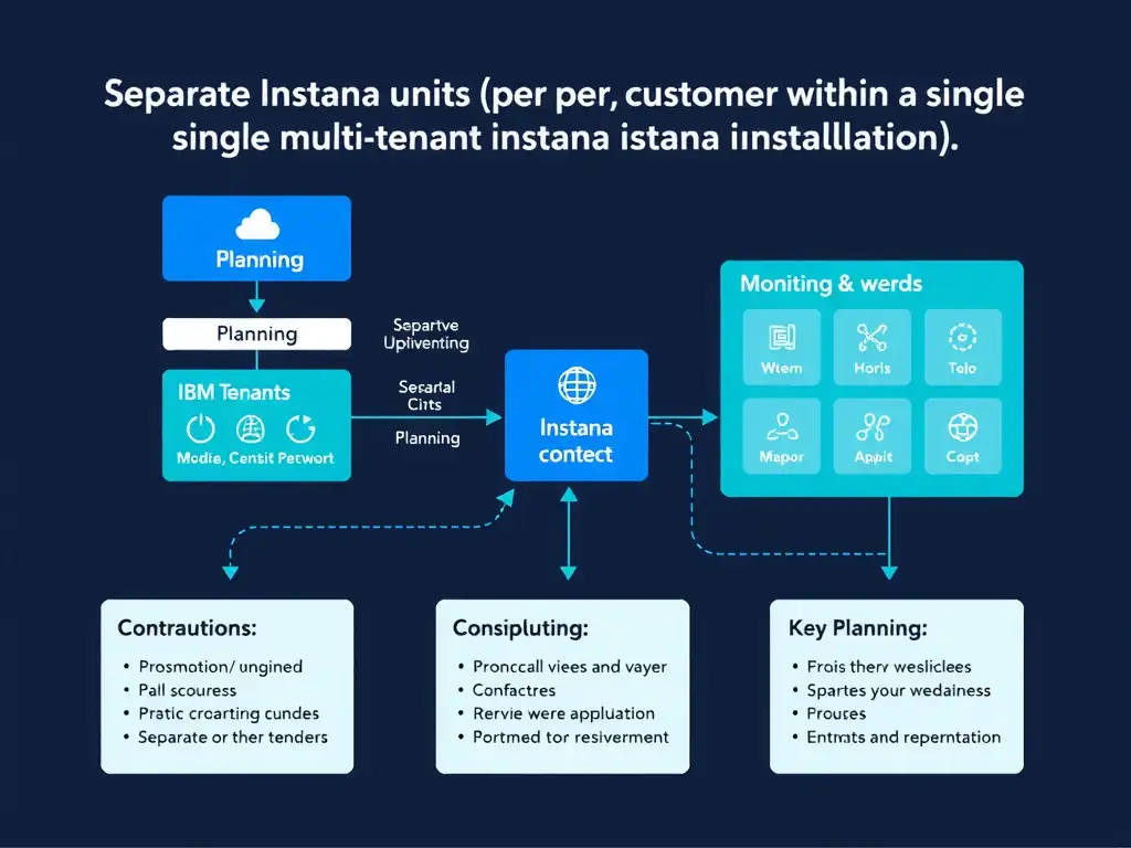 A clean, modern educational infographic illustrating IBM Instana Observability concepts related to: Separate Instana units (tenants) per customer within a single multi-tenant Instana installation shar. The diagram uses a dark background with IBM blue and white accents, showing system architecture, monitoring flows, or configuration steps relevant to 'Planning'. Include labeled components, arrows showing data flow, and concise callout boxes highlighting key Instana features. Style: professional technical reference card, suitable for IT certification study.