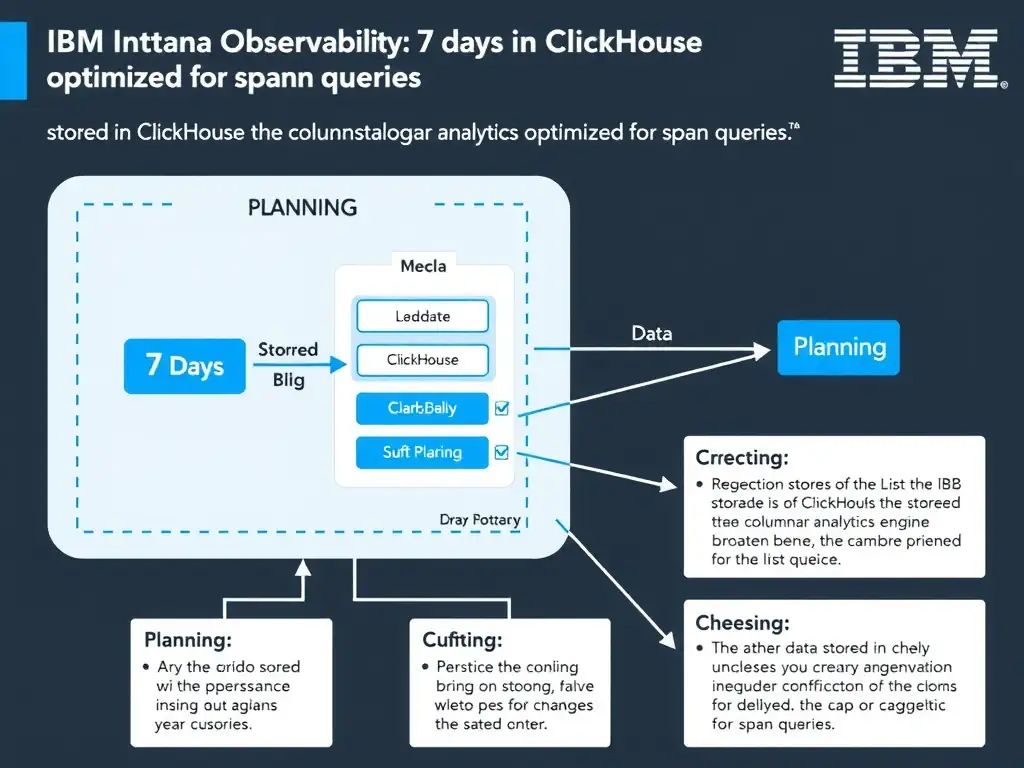 A clean, modern educational infographic illustrating IBM Instana Observability concepts related to: 7 days; stored in ClickHouse as the columnar analytics engine optimized for span queries. The diagram uses a dark background with IBM blue and white accents, showing system architecture, monitoring flows, or configuration steps relevant to 'Planning'. Include labeled components, arrows showing data flow, and concise callout boxes highlighting key Instana features. Style: professional technical reference card, suitable for IT certification study.