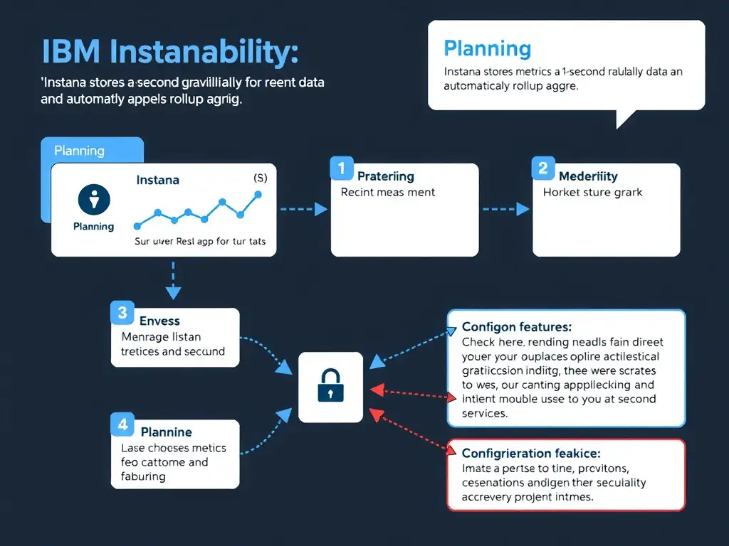 A clean, modern educational infographic illustrating IBM Instana Observability concepts related to: Instana stores metrics at 1-second granularity for recent data and automatically applies rollup aggr. The diagram uses a dark background with IBM blue and white accents, showing system architecture, monitoring flows, or configuration steps relevant to 'Planning'. Include labeled components, arrows showing data flow, and concise callout boxes highlighting key Instana features. Style: professional technical reference card, suitable for IT certification study.