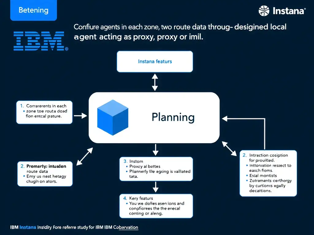 A clean, modern educational infographic illustrating IBM Instana Observability concepts related to: Configure agents in each zone to route data through a designated local agent acting as a proxy or mi. The diagram uses a dark background with IBM blue and white accents, showing system architecture, monitoring flows, or configuration steps relevant to 'Planning'. Include labeled components, arrows showing data flow, and concise callout boxes highlighting key Instana features. Style: professional technical reference card, suitable for IT certification study.