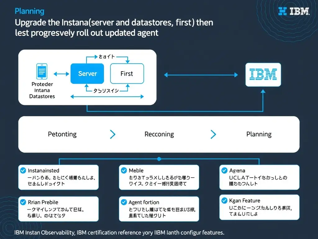 A clean, modern educational infographic illustrating IBM Instana Observability concepts related to: Upgrade the Instana backend (server and datastores) first, then progressively roll out updated agent. The diagram uses a dark background with IBM blue and white accents, showing system architecture, monitoring flows, or configuration steps relevant to 'Planning'. Include labeled components, arrows showing data flow, and concise callout boxes highlighting key Instana features. Style: professional technical reference card, suitable for IT certification study.