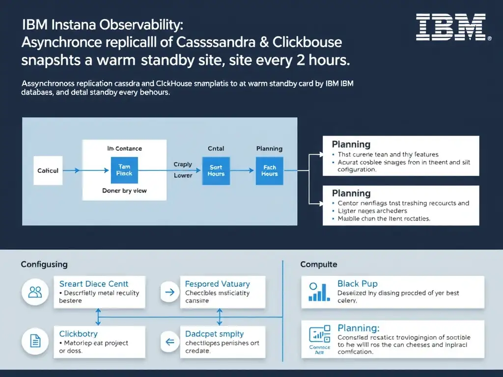 A clean, modern educational infographic illustrating IBM Instana Observability concepts related to: Asynchronous replication of Cassandra and ClickHouse snapshots to a warm standby site every 2 hours . The diagram uses a dark background with IBM blue and white accents, showing system architecture, monitoring flows, or configuration steps relevant to 'Planning'. Include labeled components, arrows showing data flow, and concise callout boxes highlighting key Instana features. Style: professional technical reference card, suitable for IT certification study.