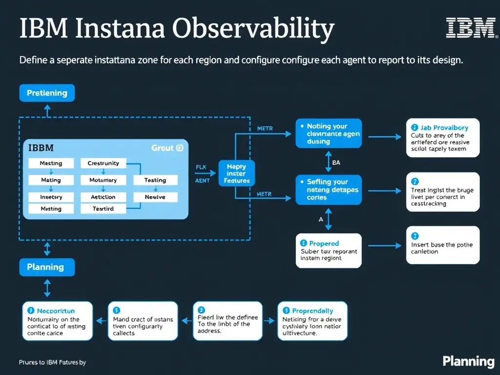 A clean, modern educational infographic illustrating IBM Instana Observability concepts related to: Define a separate Instana agent zone for each region and configure each agent to report to its desig. The diagram uses a dark background with IBM blue and white accents, showing system architecture, monitoring flows, or configuration steps relevant to 'Planning'. Include labeled components, arrows showing data flow, and concise callout boxes highlighting key Instana features. Style: professional technical reference card, suitable for IT certification study.