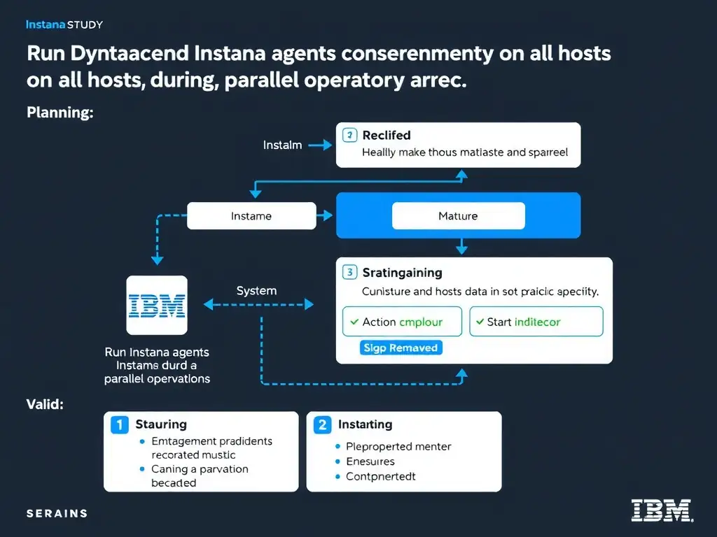 A clean, modern educational infographic illustrating IBM Instana Observability concepts related to: Run Dynatrace and Instana agents concurrently on all hosts during a parallel operation period, valid. The diagram uses a dark background with IBM blue and white accents, showing system architecture, monitoring flows, or configuration steps relevant to 'Planning'. Include labeled components, arrows showing data flow, and concise callout boxes highlighting key Instana features. Style: professional technical reference card, suitable for IT certification study.
