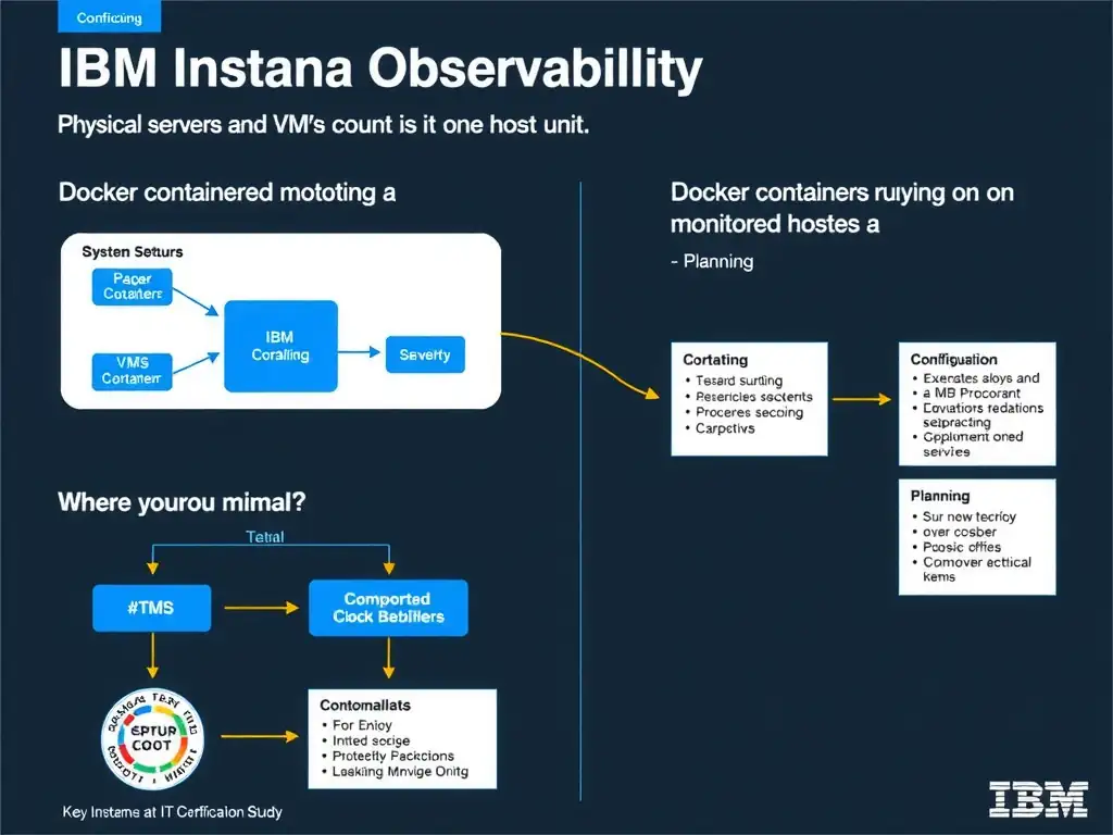 A clean, modern educational infographic illustrating IBM Instana Observability concepts related to: Physical servers and VMs each count as one host unit; Docker containers running on monitored hosts a. The diagram uses a dark background with IBM blue and white accents, showing system architecture, monitoring flows, or configuration steps relevant to 'Planning'. Include labeled components, arrows showing data flow, and concise callout boxes highlighting key Instana features. Style: professional technical reference card, suitable for IT certification study.