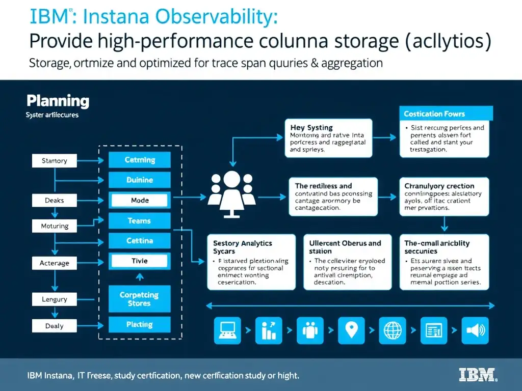A clean, modern educational infographic illustrating IBM Instana Observability concepts related to: Providing high-performance columnar analytics storage optimized for trace span queries and aggregati. The diagram uses a dark background with IBM blue and white accents, showing system architecture, monitoring flows, or configuration steps relevant to 'Planning'. Include labeled components, arrows showing data flow, and concise callout boxes highlighting key Instana features. Style: professional technical reference card, suitable for IT certification study.
