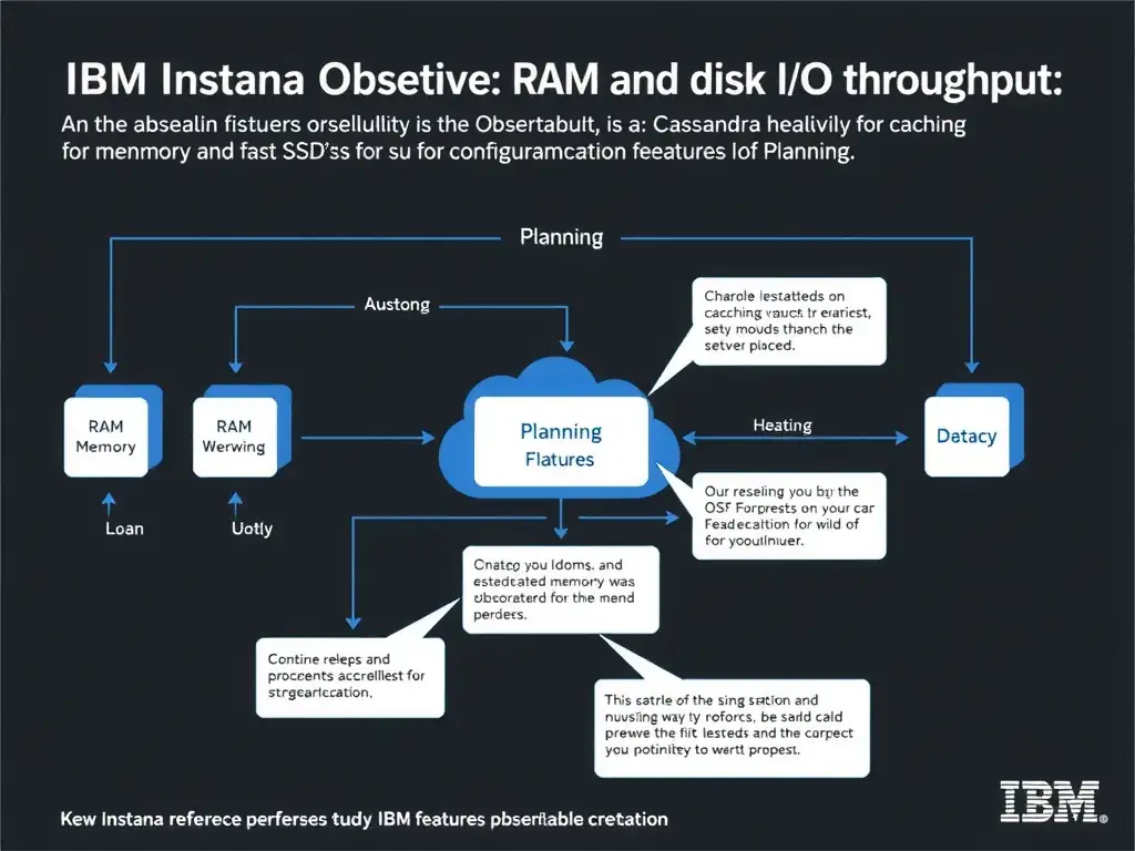 A clean, modern educational infographic illustrating IBM Instana Observability concepts related to: RAM and disk I/O throughput, as Cassandra relies heavily on memory for caching and fast SSDs for sus. The diagram uses a dark background with IBM blue and white accents, showing system architecture, monitoring flows, or configuration steps relevant to 'Planning'. Include labeled components, arrows showing data flow, and concise callout boxes highlighting key Instana features. Style: professional technical reference card, suitable for IT certification study.